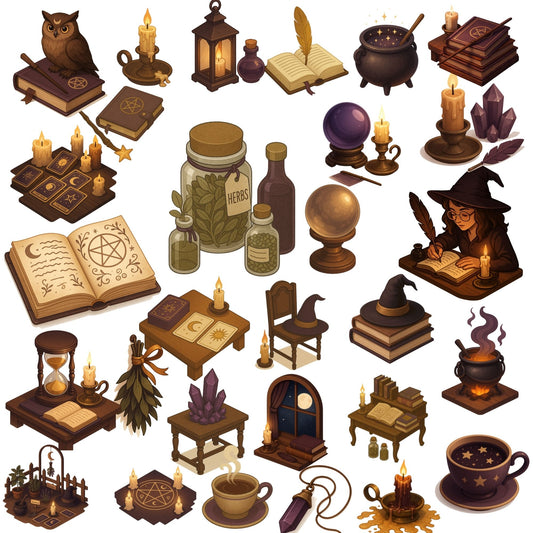 Witch Academia 3D Clipart PNG – Mystic Study, Spell Books, Crystals & Cauldrons (50 PNG)
