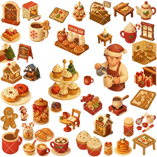 Christmas Bakery Clipart PNG | Hot Cocoa Shop 3D Isometric | Holiday Baking Cafe Art | Winter Sweets PNG | Commercial Use