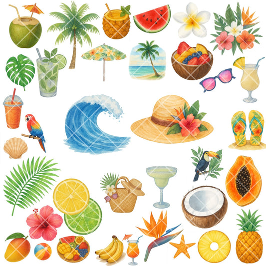 Tropical Watercolor Clipart PNG | Summer Drinks & Beach Icons | Tropical Paradise Art | Vacation Clipart | Commercial Use