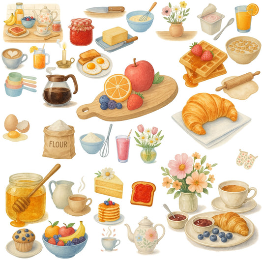 Watercolor Spring Kitchen Clipart, Floral Breakfast Food PNG Set, Pancakes Croissants Coffee, Cottagecore Art (56 PNG)