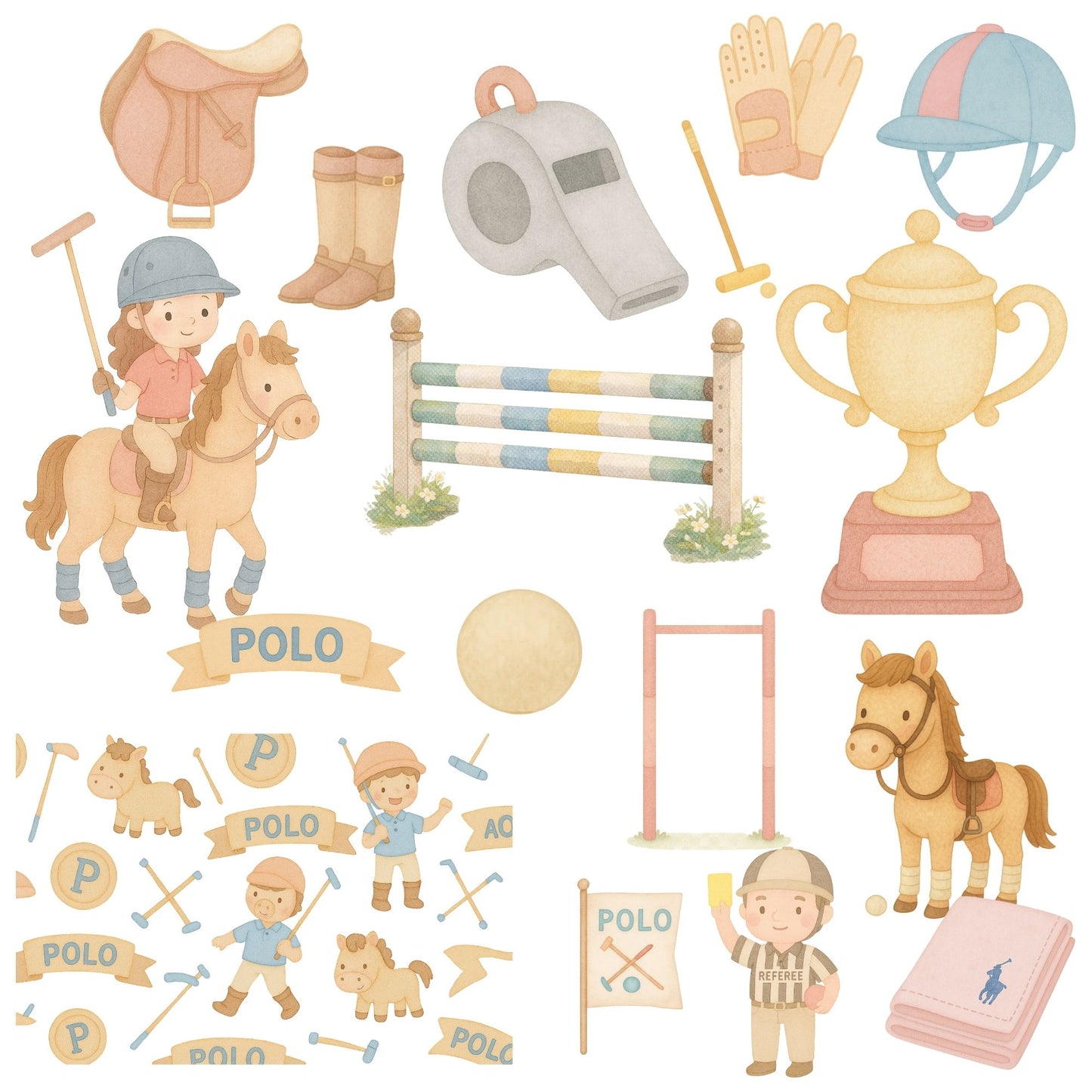 Polo Watercolor PNG Clipart – Horse Riding & Equestrian Sports Set (50 Files)