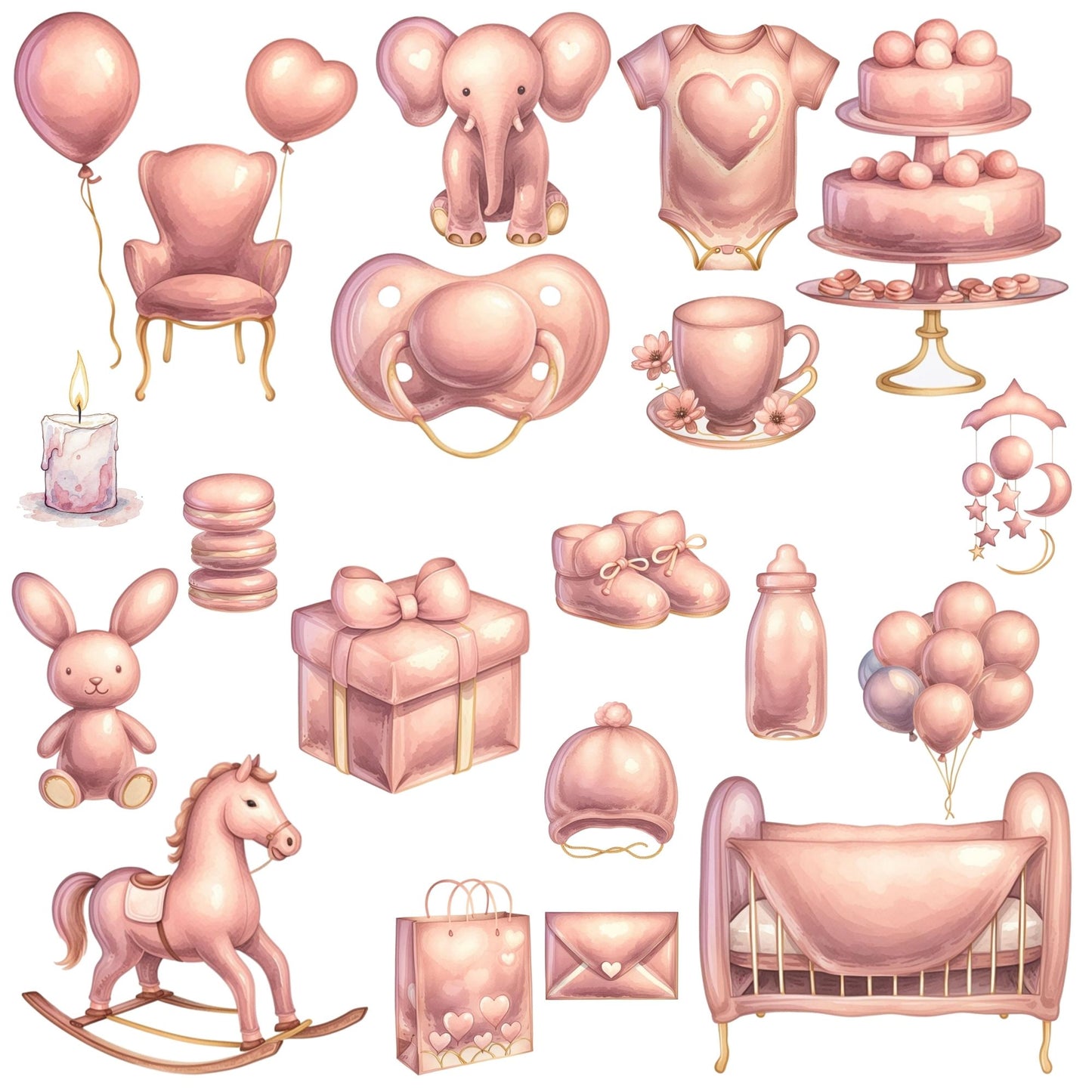 Pink Baby Shower Clipart Watercolor – Nursery Decor & Baby Items PNG | Girl Shower, Birth Announce (55 Files)