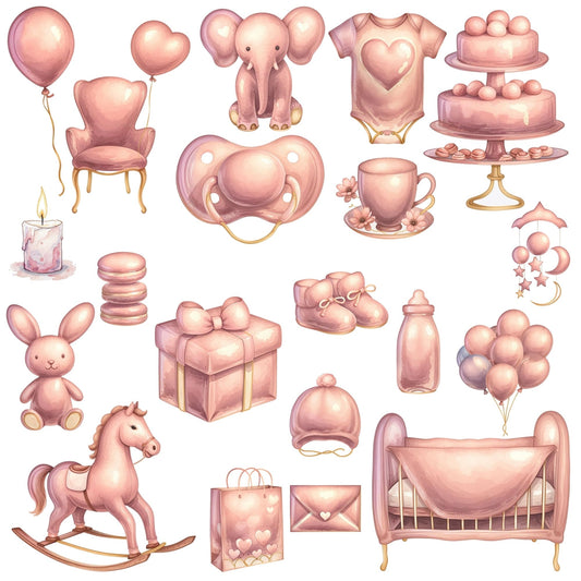 Pink Baby Shower Clipart Watercolor – Nursery Decor & Baby Items PNG | Girl Shower, Birth Announce (55 Files)