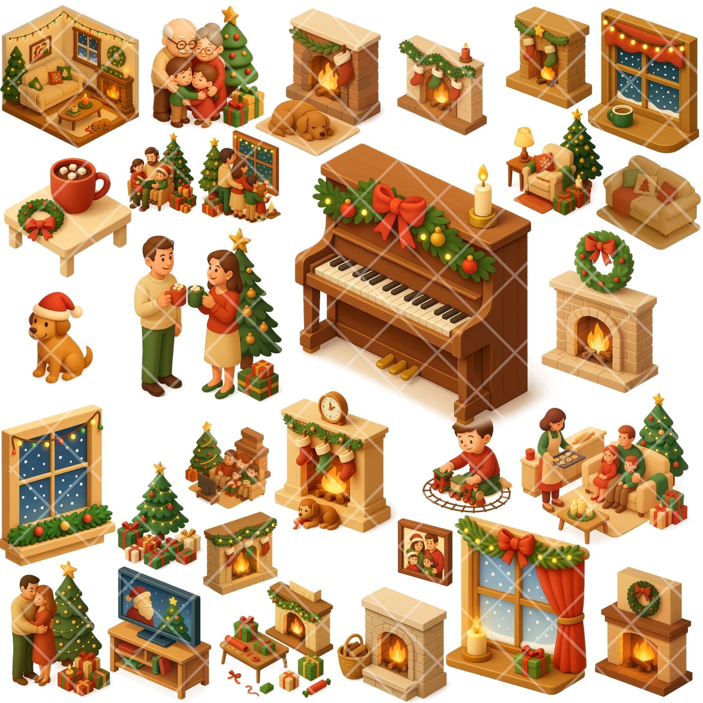 Christmas Family Clipart PNG | Cozy Holiday Living Room Scenes | Festive Home Christmas Art | Winter Family PNG | Commercial Use
