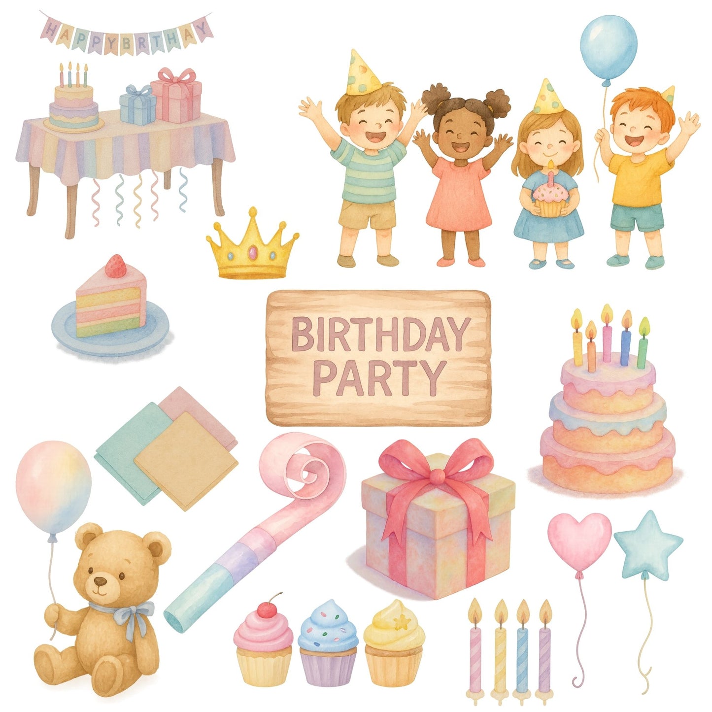 Watercolor Birthday Clipart Bundle, Kids Party PNG Files, Balloons Cake Gifts Cupcakes, Birthday Decorations Set (55 PNG)