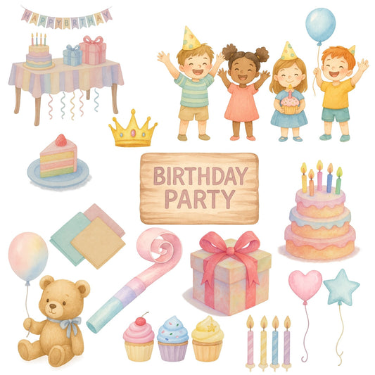 Watercolor Birthday Clipart Bundle, Kids Party PNG Files, Balloons Cake Gifts Cupcakes, Birthday Decorations Set (55 PNG)