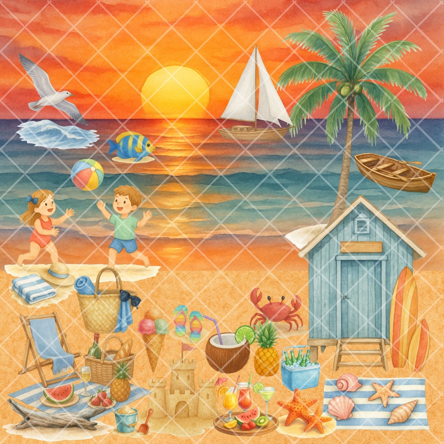 Watercolor Summer Clipart – Beach Picnic PNG Bundle, Coastal Vacation & Seaside Art (56 Files)