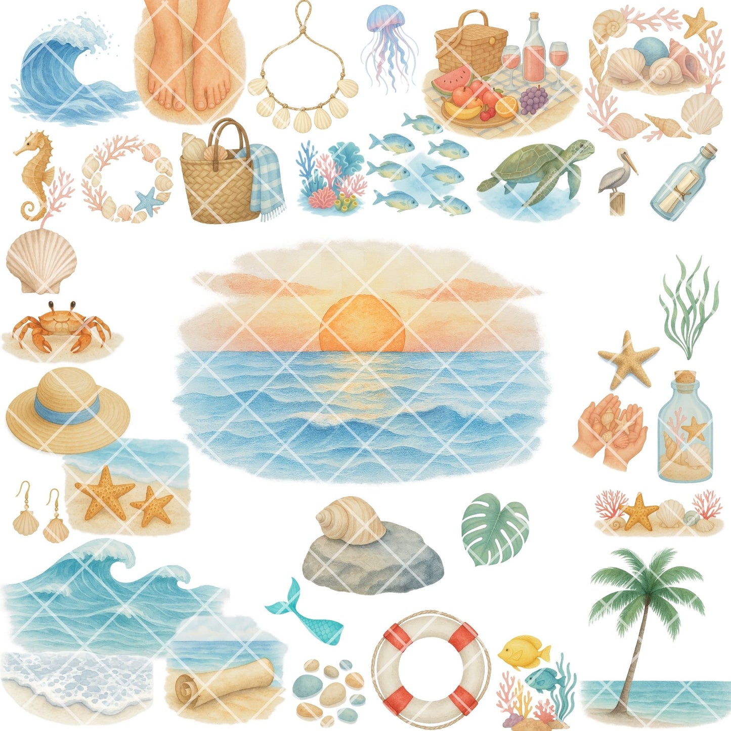 Coastal Watercolor Clipart PNG | Beach & Ocean Sea Life Art | Summer Beach Clipart | Ocean Treasures PNG | Commercial Use