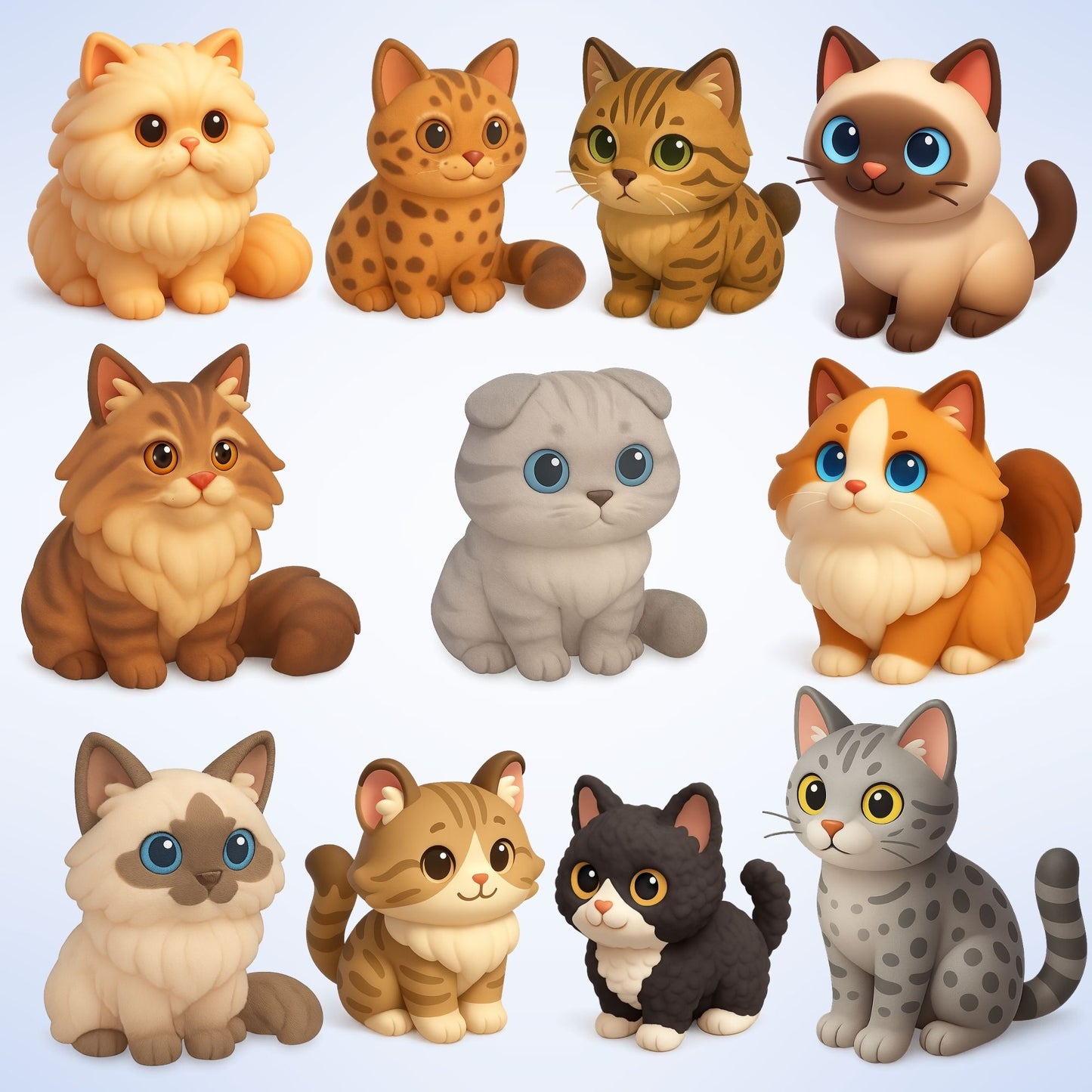 Cat Breeds 3D Isometric Clipart PNG Bundle – 50 Cute Cat Sticker Graphics (Persian, Siamese, Maine Coon & More)