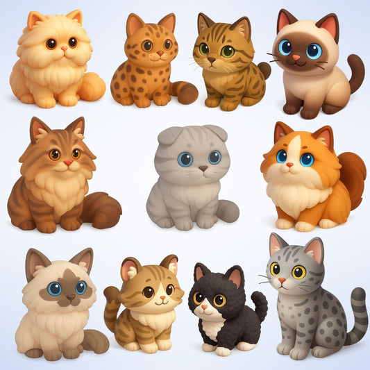 Cat Breeds 3D Isometric Clipart PNG Bundle – 50 Cute Cat Sticker Graphics (Persian, Siamese, Maine Coon & More)