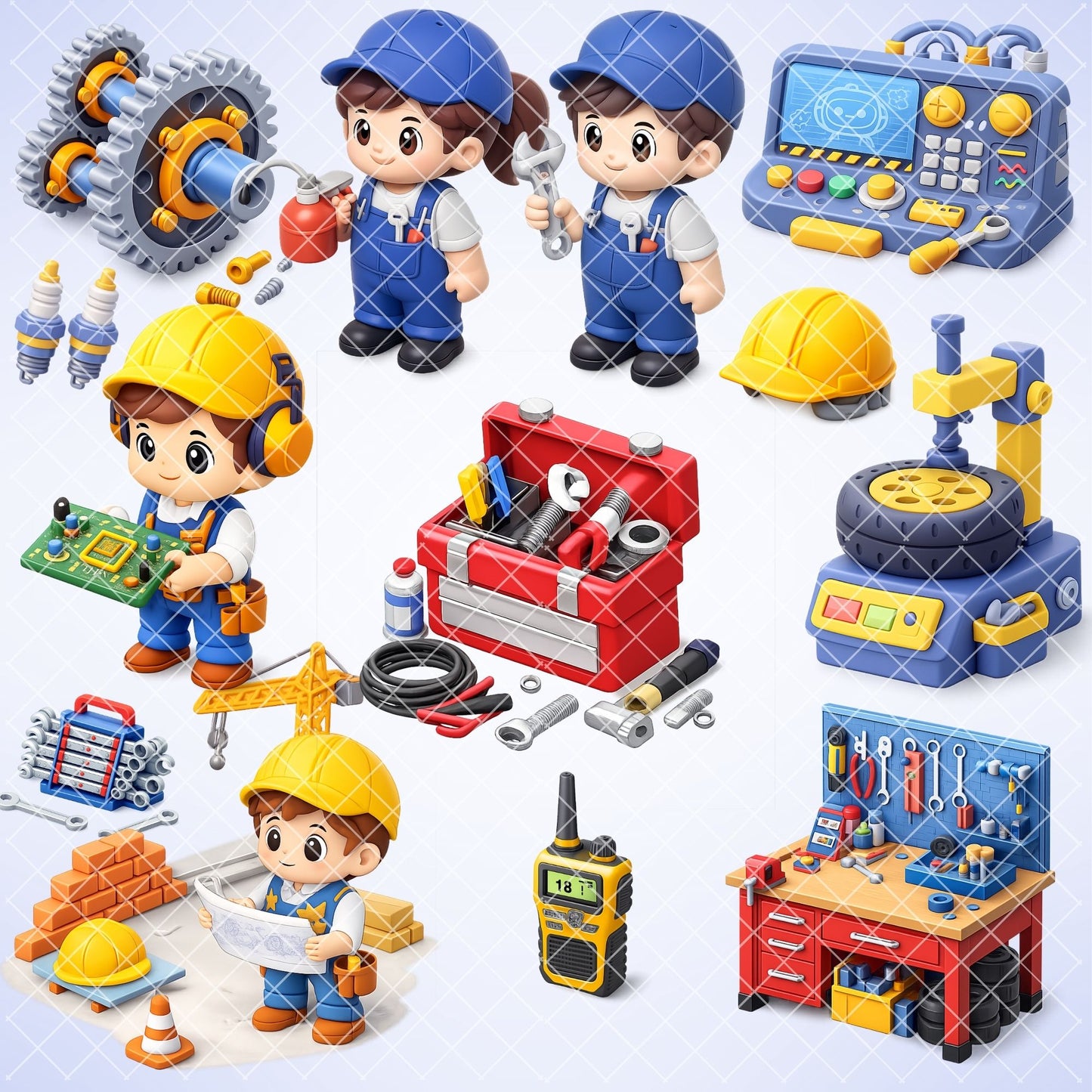 Mechanic and Engineer PNG Clipart, STEM Tools & Blueprints, Kids Crafts & Classroom Graphics, Cartoon Machinery Art, Commercial Use, 49 PNG