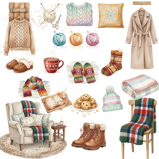 Hygge Winter Watercolor Clipart – Cozy Lifestyle PNG Bundle | Sweaters, Hot Cocoa, Books, Winter Fashion Art