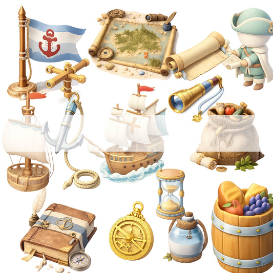 Early European Exploration 3D Clipart PNG Bundle – 55 Age of Discovery History Graphics for Classroom