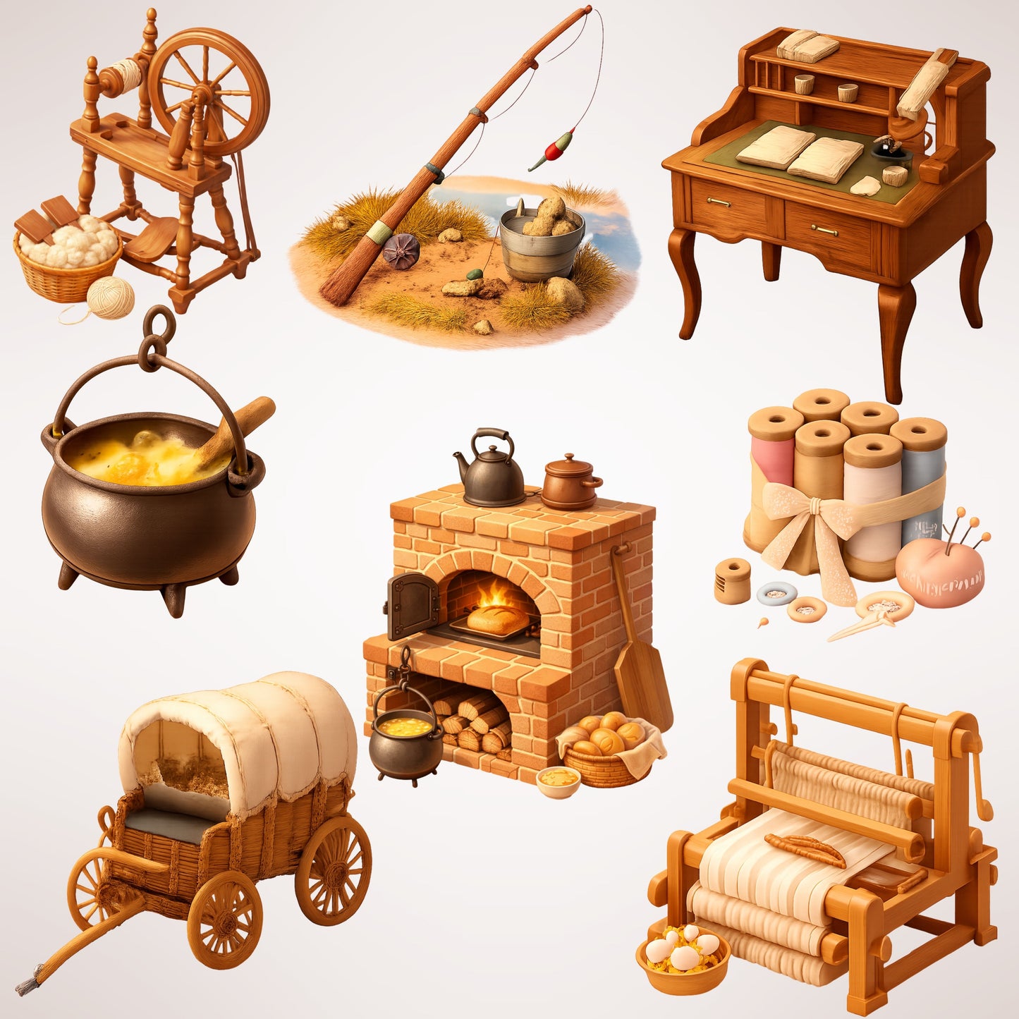 Early Republic Clipart Bundle – Colonial Tools & Pioneer Life PNG, US History Classroom Graphics, Educational 3D Art, 55 PNG