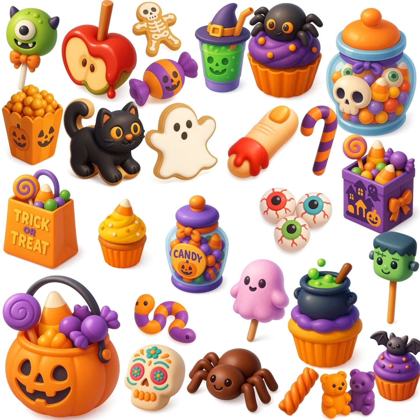 Halloween Candy Clipart Set – Cute 3D Spooky Treats PNG | Candy Corn, Cupcakes, Stickers & Party Decor