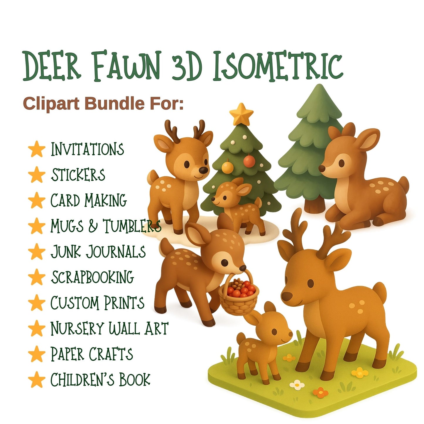Deer Fawn Clipart – 3D Woodland Animal PNG Set, Cute Baby Deer Nursery & Winter Illustrations (50 Files)