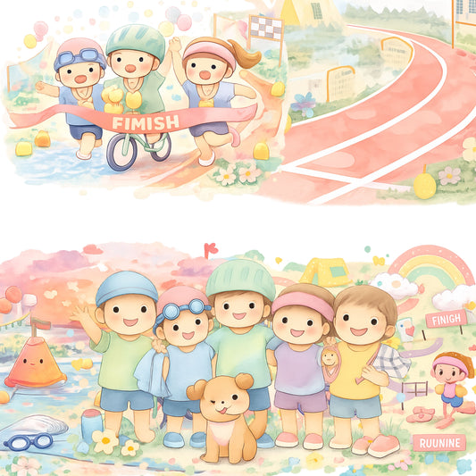 Triathlon Kids Watercolor Clipart Bundle – Sports Day PNG, Swimming Biking Running Art for Kids Crafts, Classroom & Printables, 52 PNG