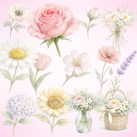 Watercolor Pastel Flower Clipart PNG Bundle – 55 Floral Elements for Wedding Invitations & DIY Decor