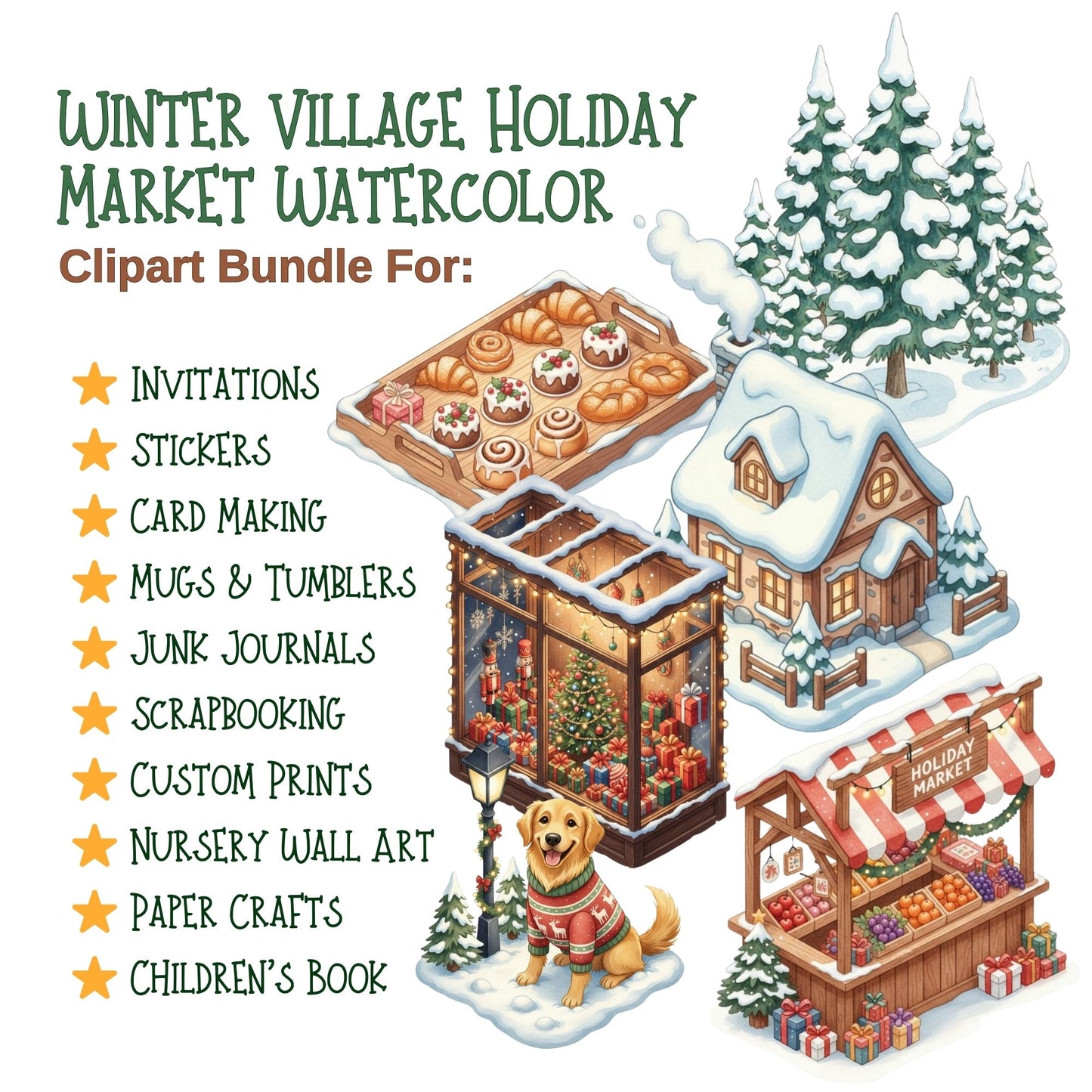 Winter Village Watercolor Clipart – Christmas Market PNG Set, Holiday Town Scene, Snowy Village Illustrations, 62 PNG Files