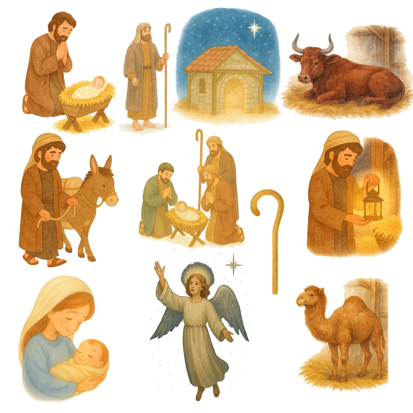 Nativity Scene Clipart PNG Bundle – 60 Jesus Birth Watercolor Graphics (Christian Christmas Digital Download)