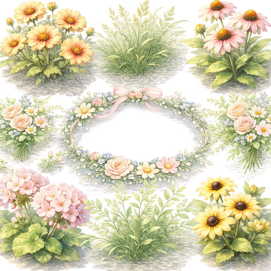 Summer Watercolor Floral Clipart – Pastel Flower PNG Bundle (55 Files) – Garden Bouquets, Baby Shower & Wedding Graphics