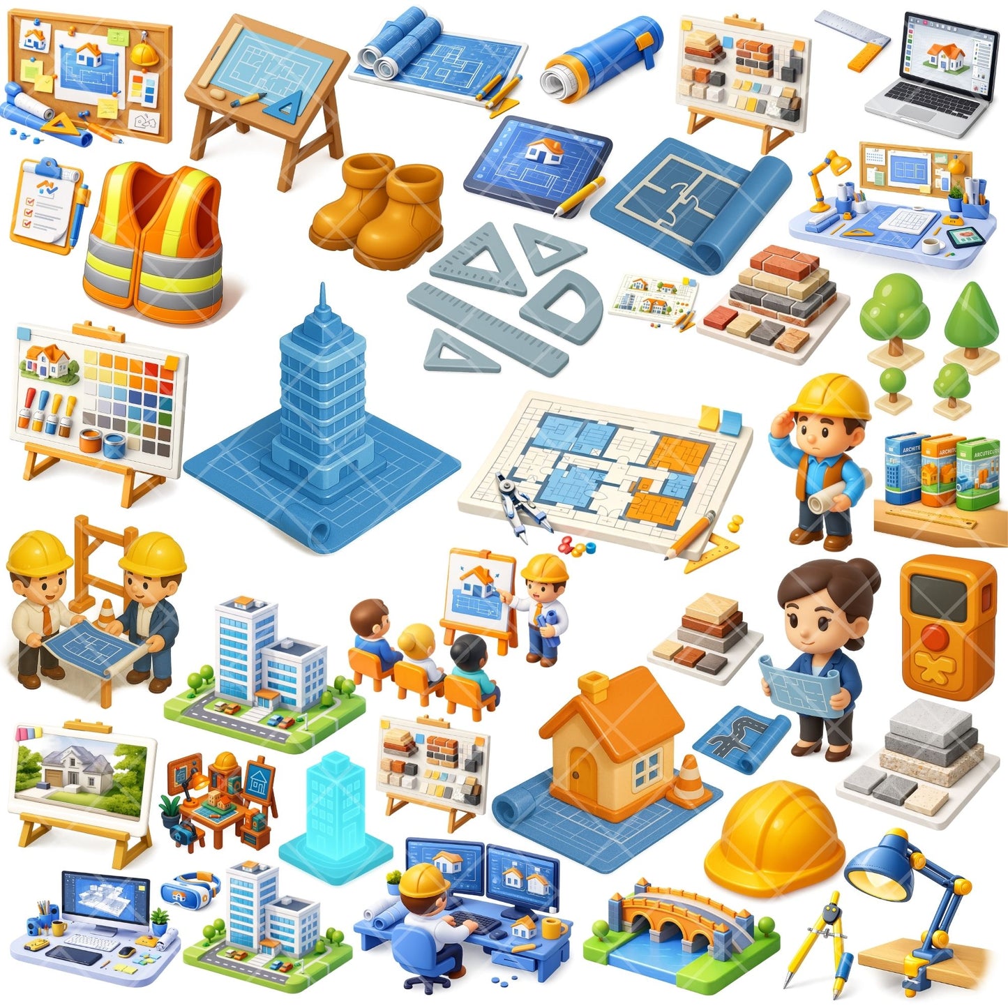 Architect Clipart Bundle, Architecture PNG Icons, Cute Construction Tools & Characters, Building Graphics