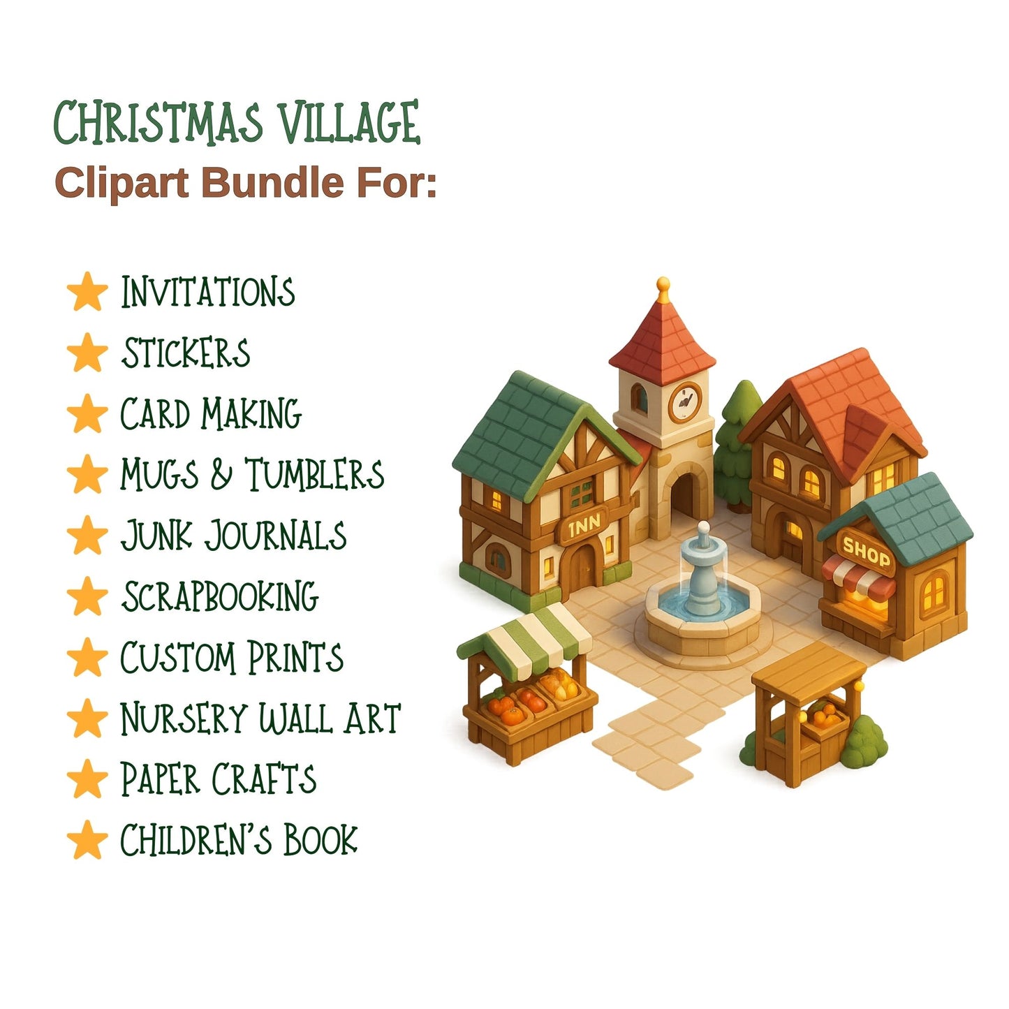 Christmas Village Clipart, 3D Holiday Town PNG Bundle, Winter Houses Shops Lampposts, Festive Decor Set (54 PNG)