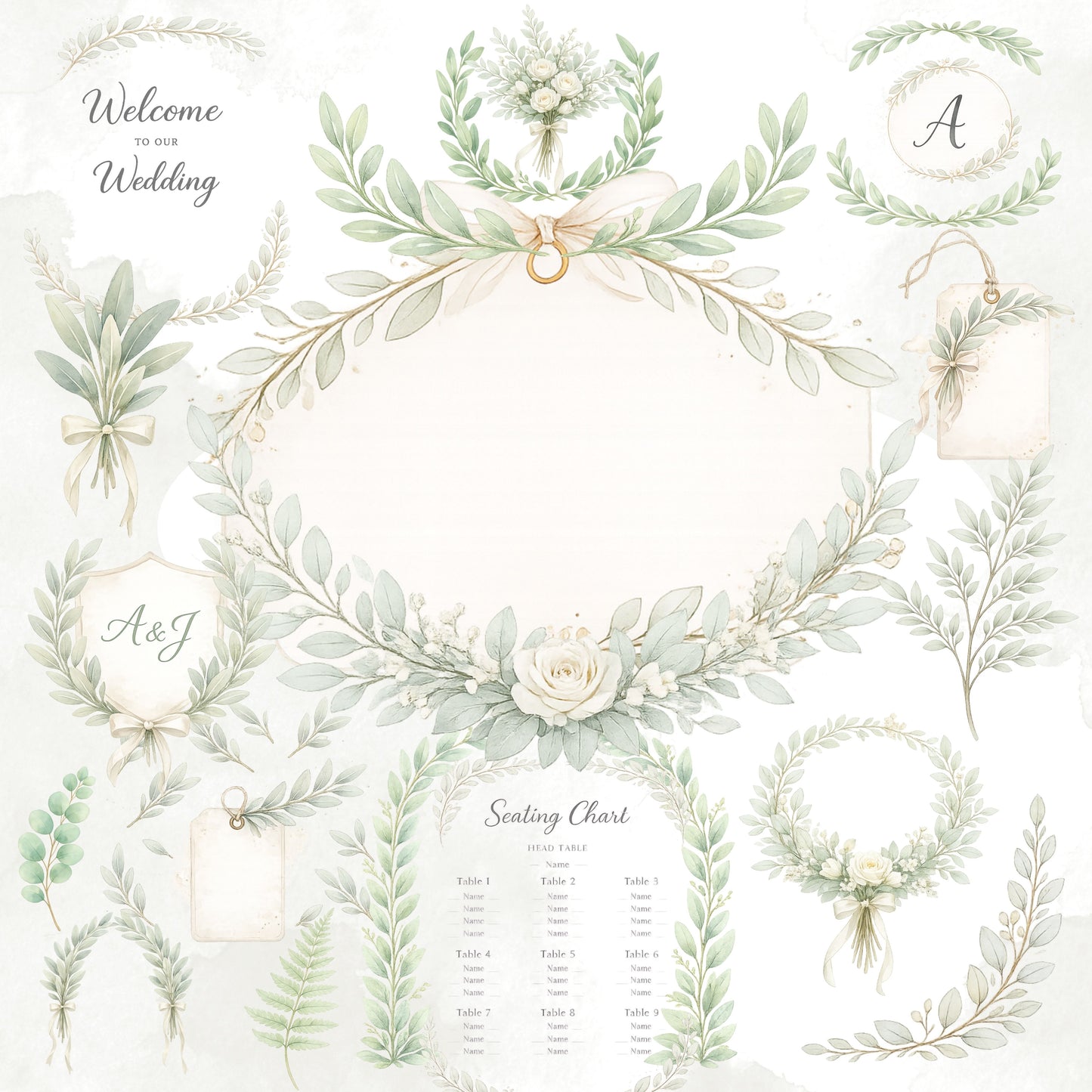 Sage Green Wedding Clipart – 55 Watercolor Greenery PNG Files – Minimal Botanical Floral Invitation Set