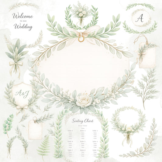 Sage Green Wedding Clipart – 55 Watercolor Greenery PNG Files – Minimal Botanical Floral Invitation Set