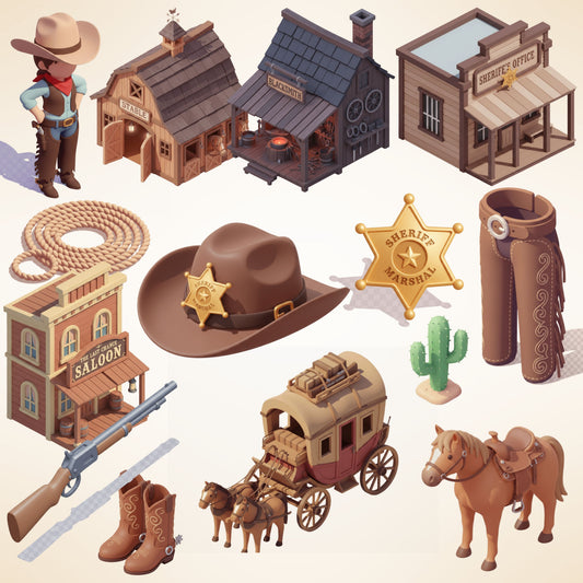 American Wild West 3D Clipart PNG Bundle – 50 Cowboy, Sheriff & Saloon Western Graphics
