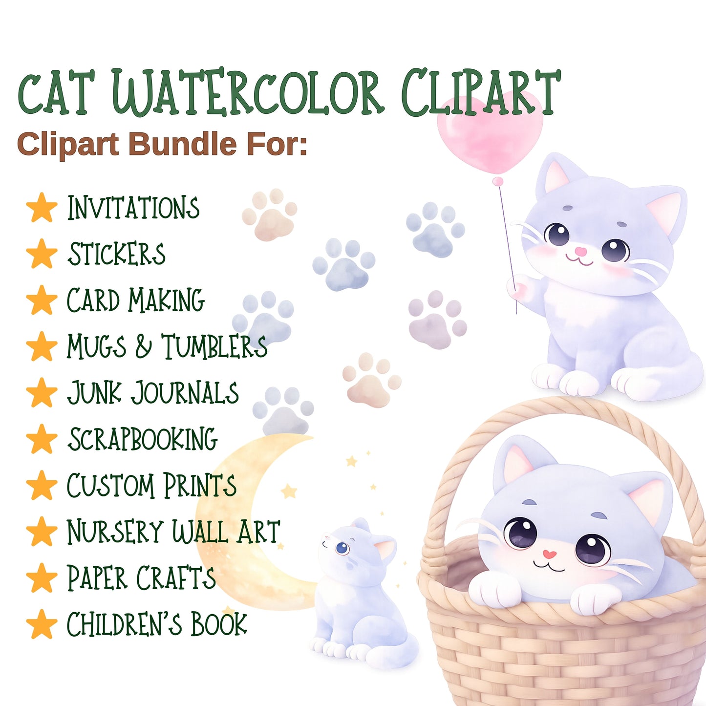 Cute Cat Watercolor Clipart PNG | Kawaii Kitten Pastel Art | Nursery & Planner Cats | Scrapbook Pet Graphics | Commercial Use