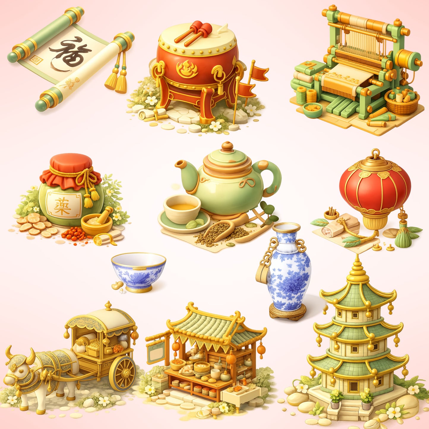 Ancient China Clipart Bundle – 3D Historical Chinese PNG, Classroom & History Graphics, Culture & Traditions Art, 55 PNG