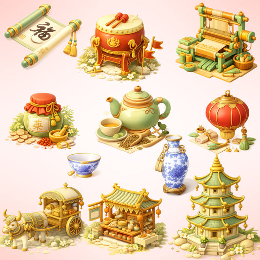Ancient China Clipart Bundle – 3D Historical Chinese PNG, Classroom & History Graphics, Culture & Traditions Art, 55 PNG