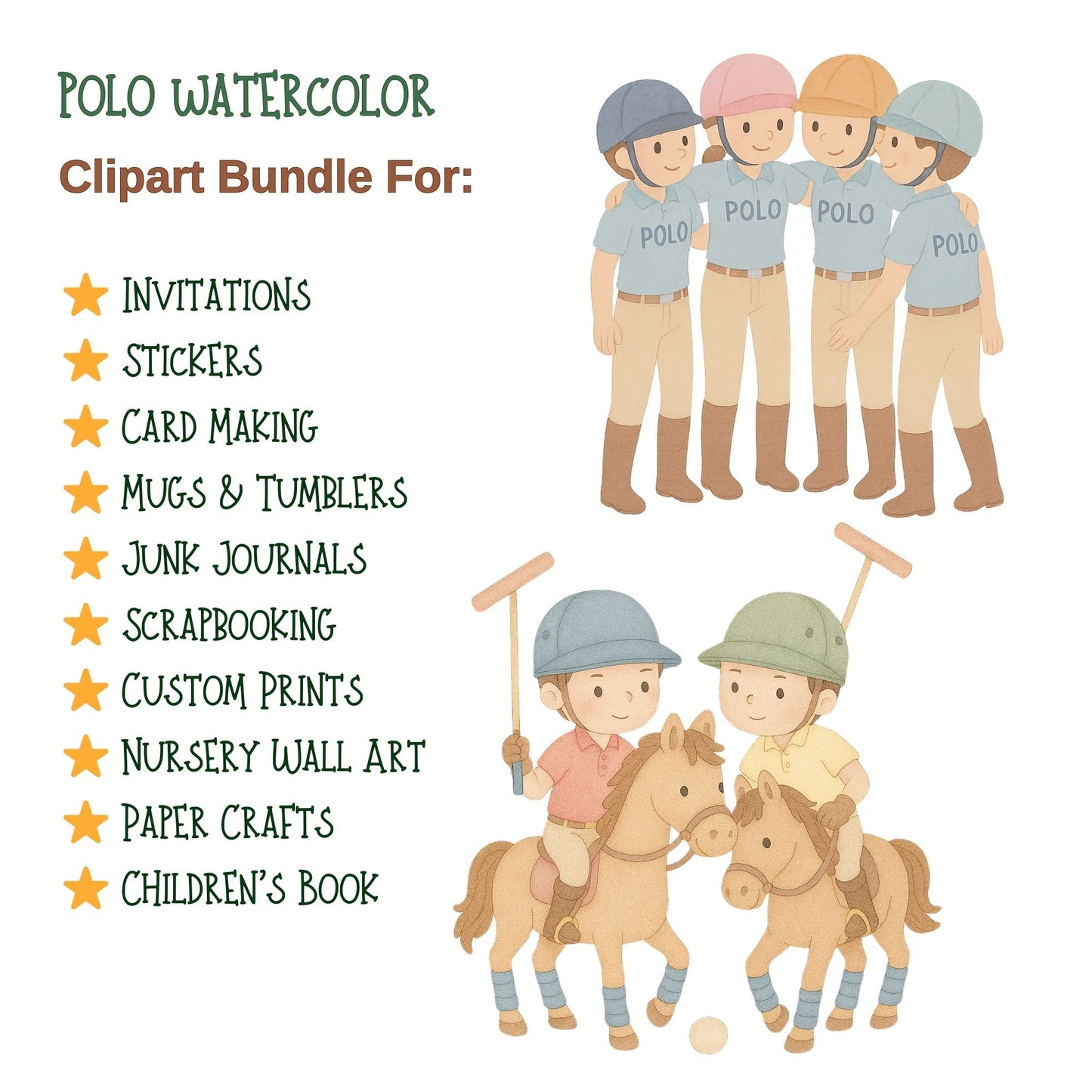 Polo Watercolor PNG Clipart – Horse Riding & Equestrian Sports Set (50 Files)