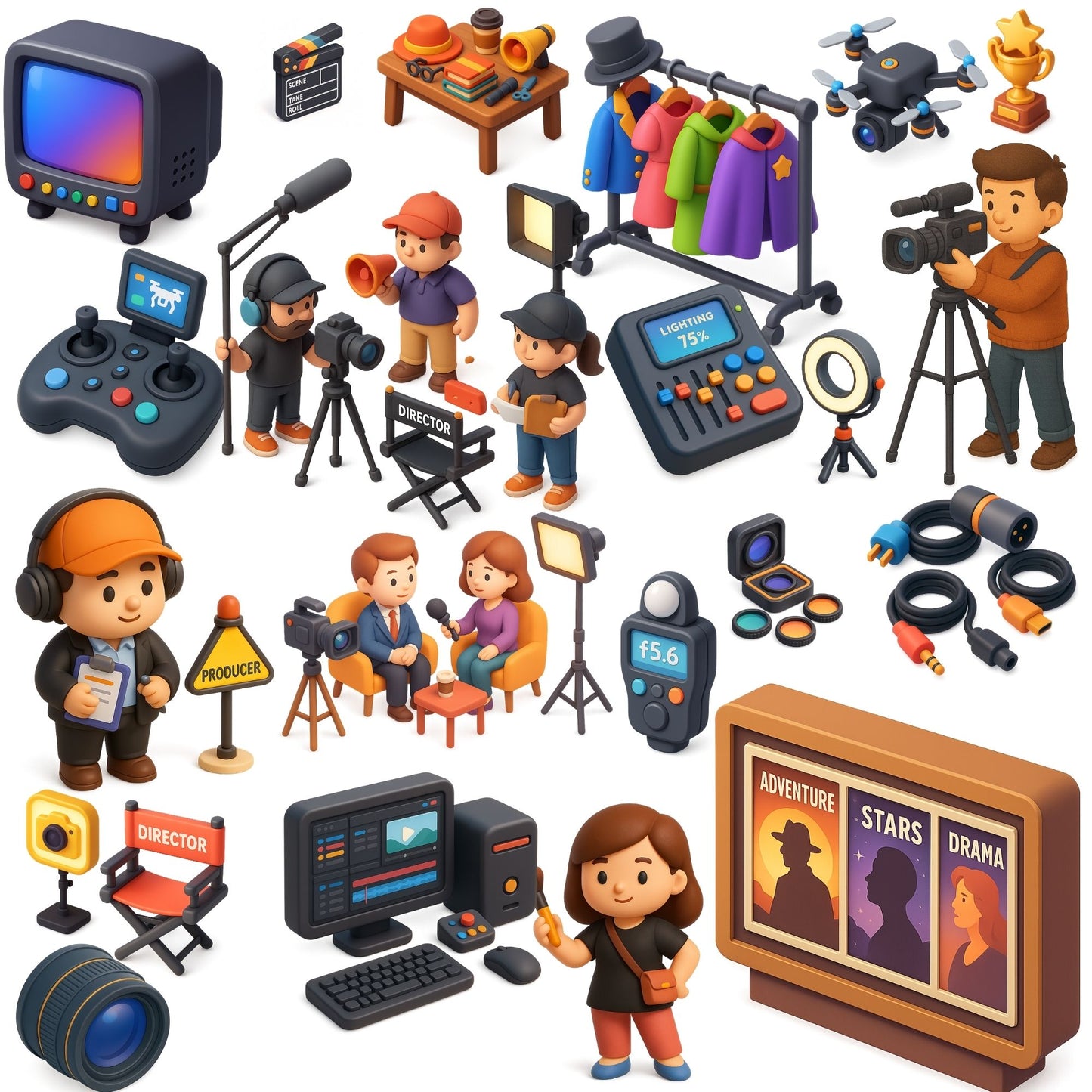 Photography & Film Studio Clipart – 3D Movie Maker PNG Bundle | Cameras, Lighting, Director Gear (60 Files)