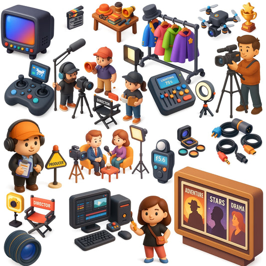 Photography & Film Studio Clipart – 3D Movie Maker PNG Bundle | Cameras, Lighting, Director Gear (60 Files)