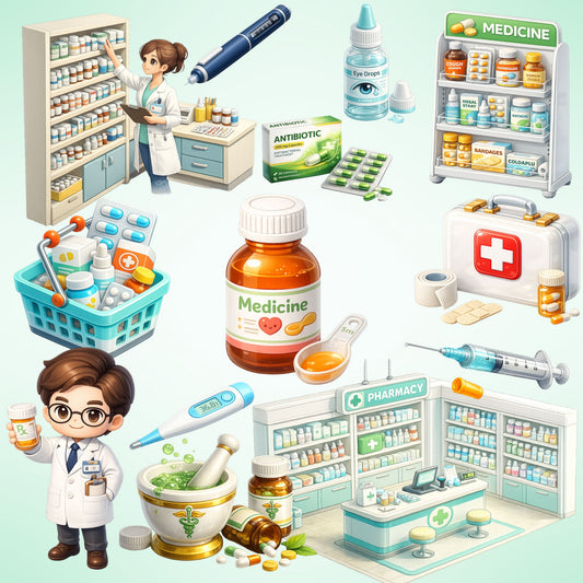 Pharmacist 3D Isometric Clipart PNG Bundle – 48 Pharmacy Tools, Medications & Healthcare Graphics