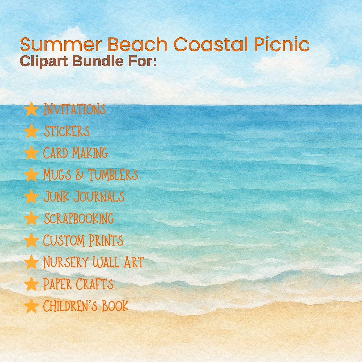 Watercolor Summer Clipart – Beach Picnic PNG Bundle, Coastal Vacation & Seaside Art (56 Files)