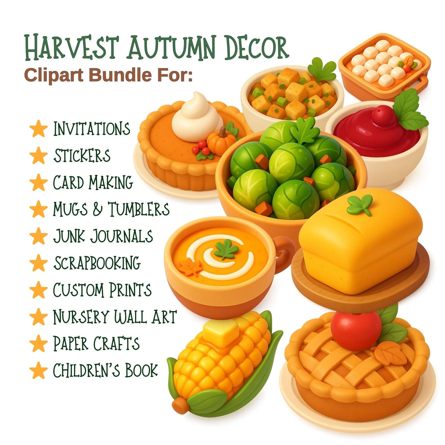 Thanksgiving Feast Clipart Bundle – 3D Autumn Food PNG Set, Fall Dinner Illustrations, Thanksgiving Food Clipart, 54 PNG Files