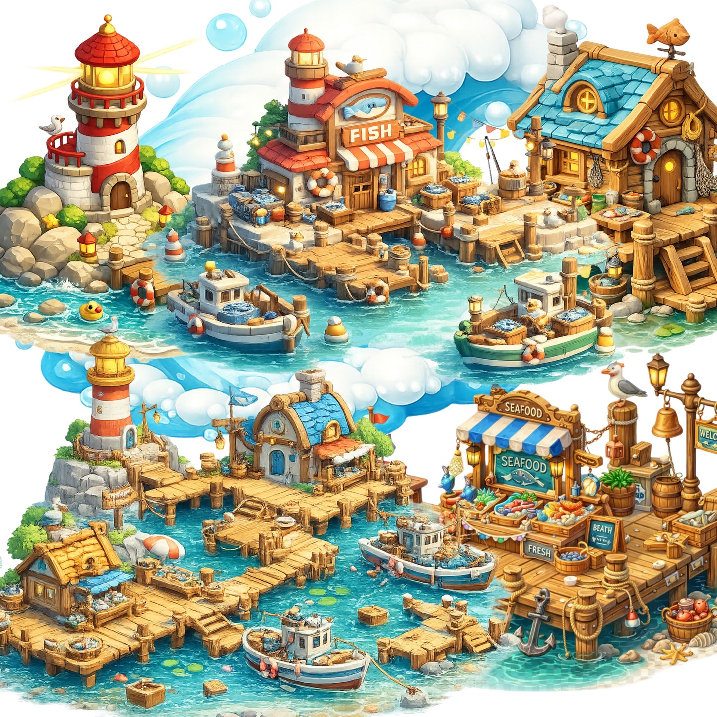 Fisherman Clipart Bundle – 3D Isometric Fishing Village PNGs (44 Files) – Nautical Boats, Docks & Coastal Graphics