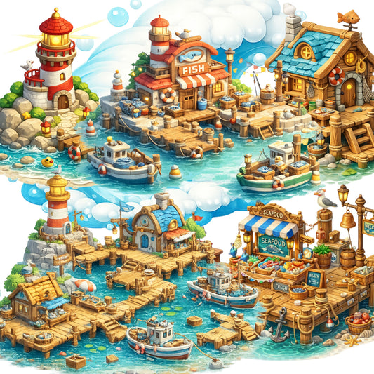 Fisherman Clipart Bundle – 3D Isometric Fishing Village PNGs (44 Files) – Nautical Boats, Docks & Coastal Graphics