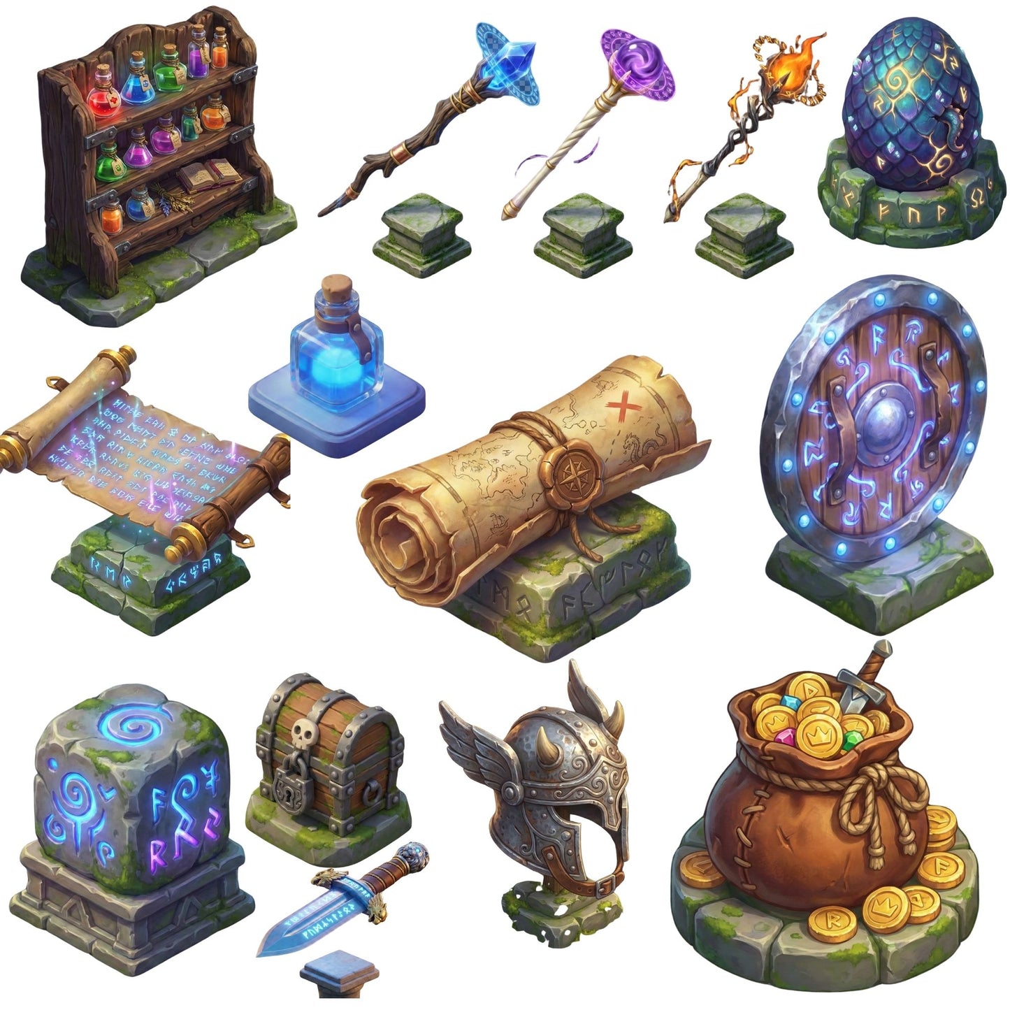 Fantasy RPG PNG Bundle – 50 Magic Game Assets | Potions, Scrolls, Spells, Weapons, Coins & Maps