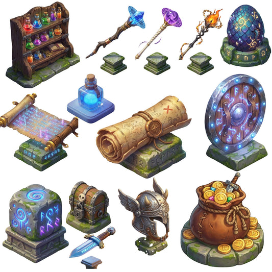 Fantasy RPG PNG Bundle – 50 Magic Game Assets | Potions, Scrolls, Spells, Weapons, Coins & Maps