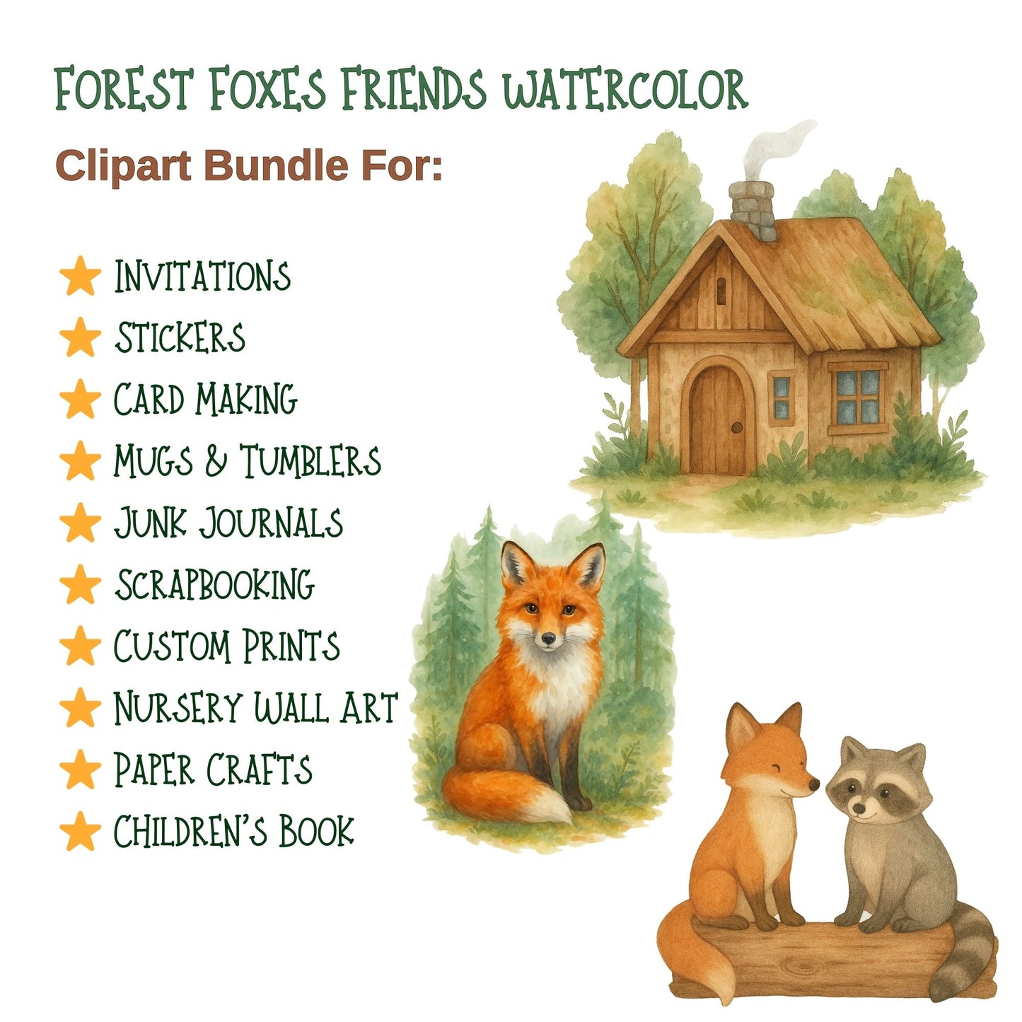 Watercolor Forest Animals Clipart PNG – Fox Bear Deer Woodland Baby Animals (50 PNG)