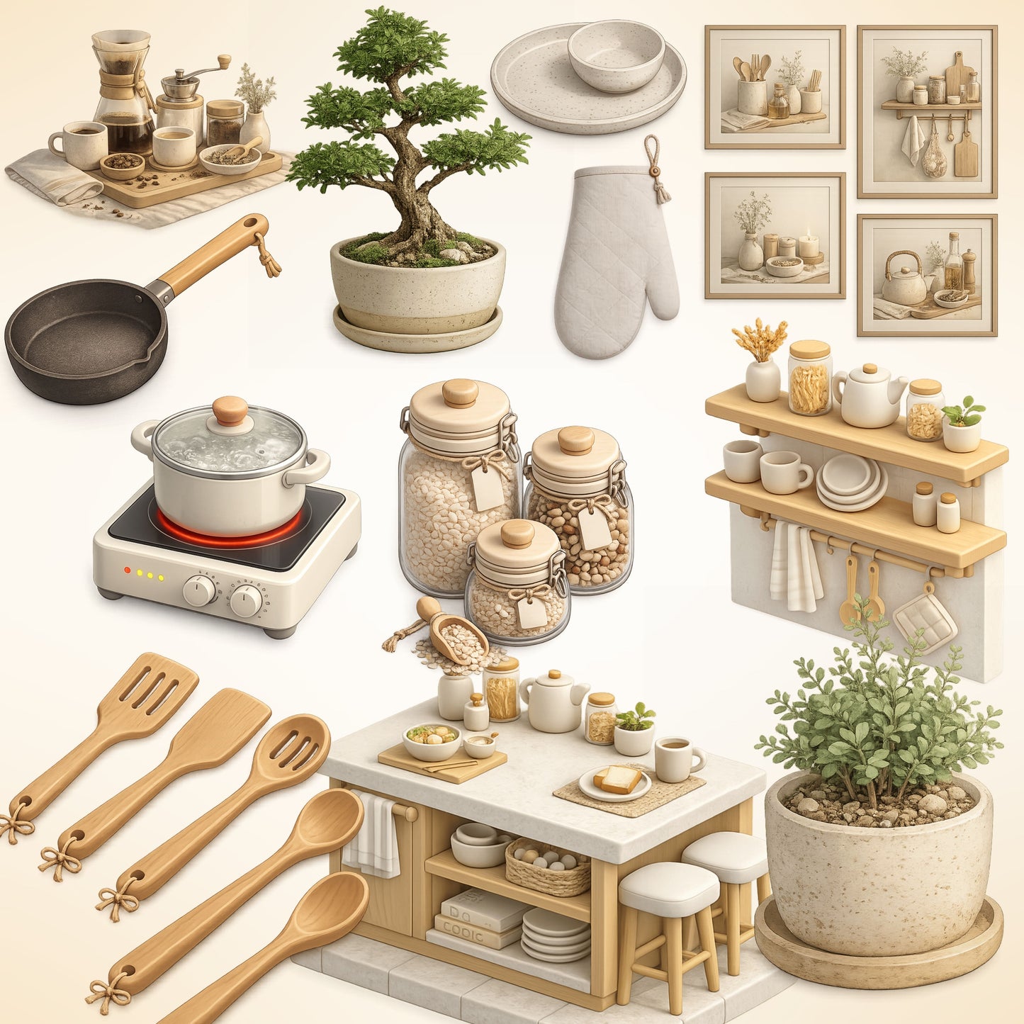 Japandi Kitchen Clipart Bundle | Minimalist Kitchen PNG | 3D Cooking Decor Graphics | Neutral Aesthetic Utensils, Tea Set, Pantry Clipart