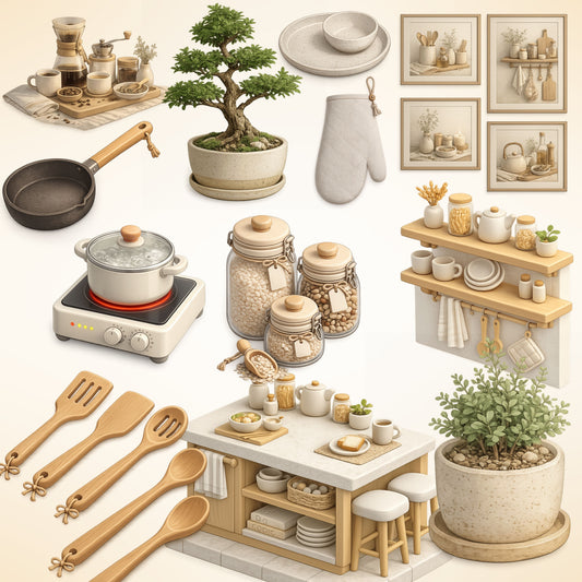 Japandi Kitchen Clipart Bundle | Minimalist Kitchen PNG | 3D Cooking Decor Graphics | Neutral Aesthetic Utensils, Tea Set, Pantry Clipart