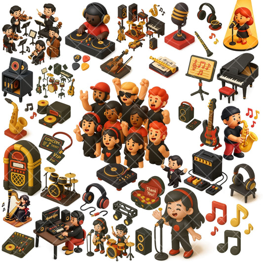 Music Clipart Bundle, 3D Isometric Music PNG, Instruments & Musicians, DJ Band Concert Graphics