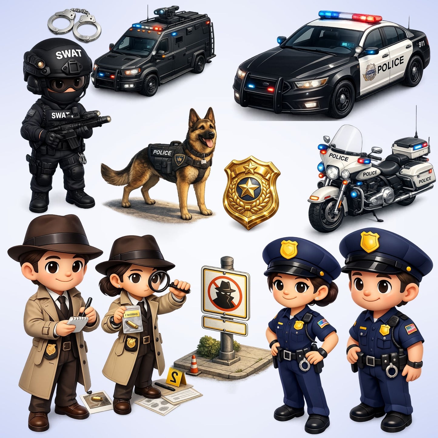 Police 3D Clipart PNG Bundle – 48 Officers, SWAT, Detectives & K9 Unit Graphics for Classroom & Crafts