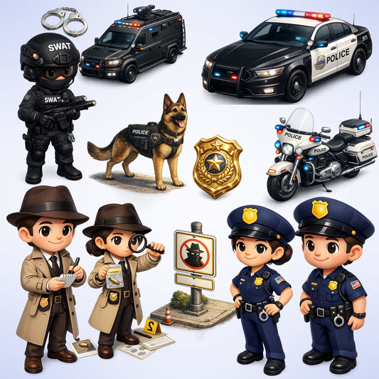 Police 3D Clipart PNG Bundle – 48 Officers, SWAT, Detectives & K9 Unit Graphics for Classroom & Crafts
