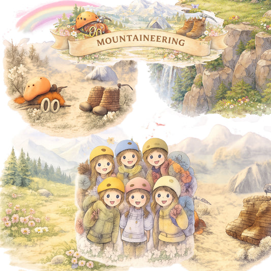 Mountaineering Watercolor Clipart Bundle – Hiking & Camping Adventure PNG, Mountain Nature Art for Journals, Scrapbooks & Travel, 50 PNG